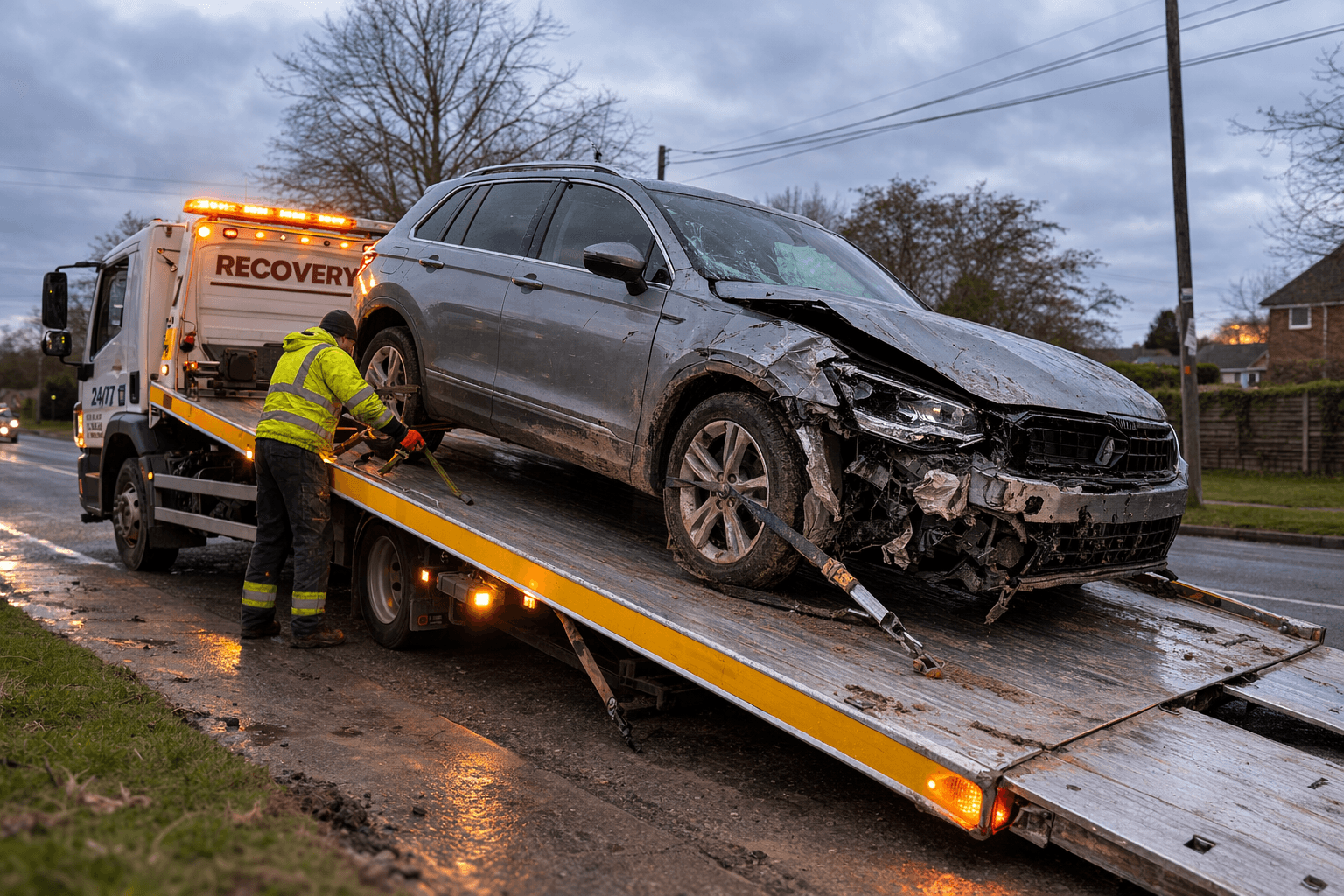 Scrap car being collected by recovery vehicle